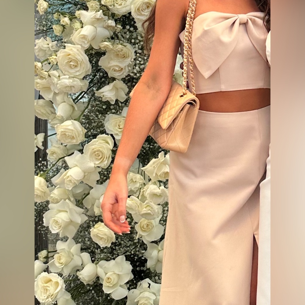 Revelry Cream Midi Pencil Skirt with Tie Front